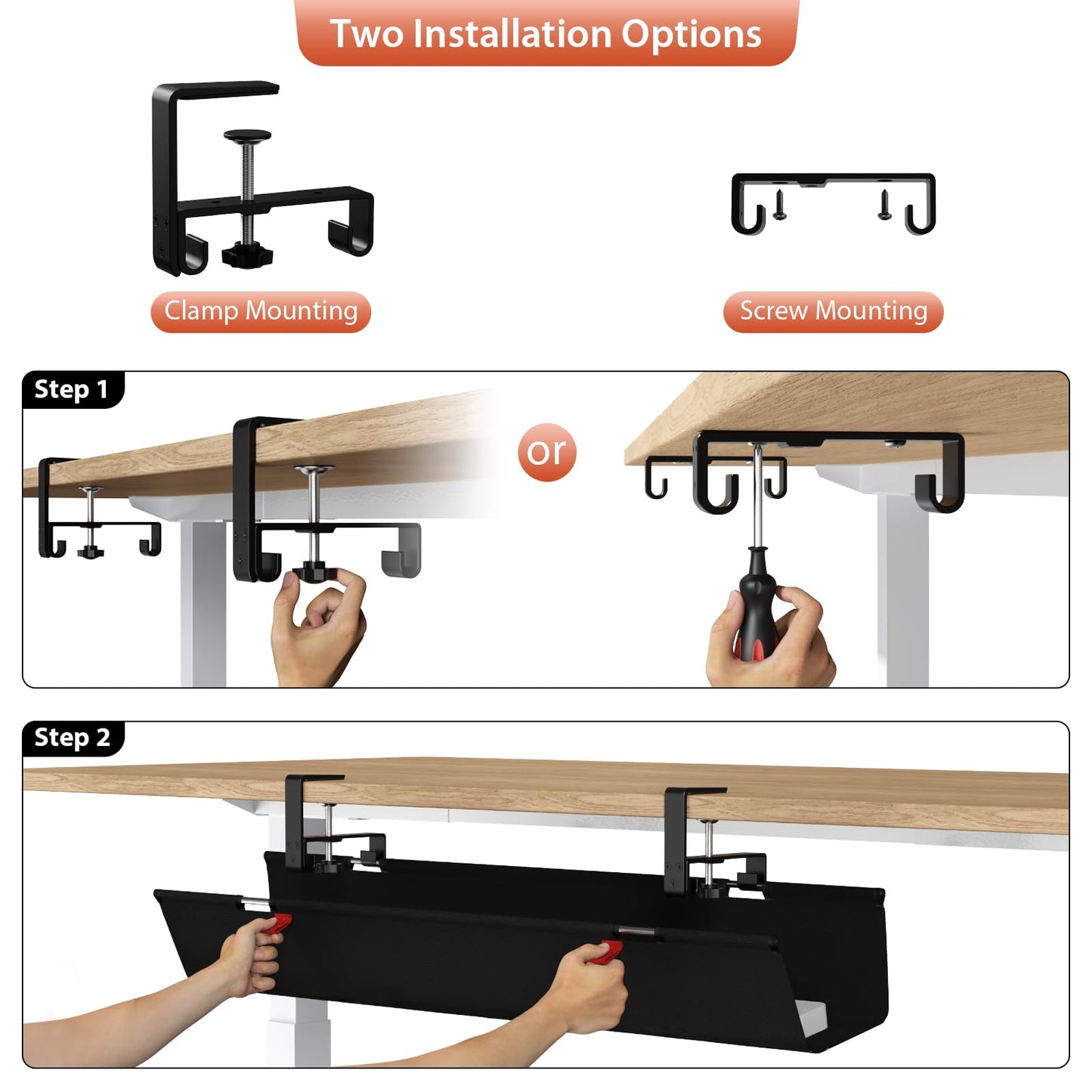 Univivi No Drill Under Desk Cable Management Tray, 36" Cord Organizer for Table, Clamp/Screw Mount Desk Cable Management, Premium Fabric Cable Management Tray for Office, Home