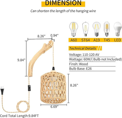 Frideko Rattan Wall Lamp with Plug in Cord Hand Woven Plug in Wall Sconces Paper Rope Wall Light Farmhouse Wall Sconce Wall Mounted Light Boho Wall Sconces Wall Lighting for Bedroom Living Room