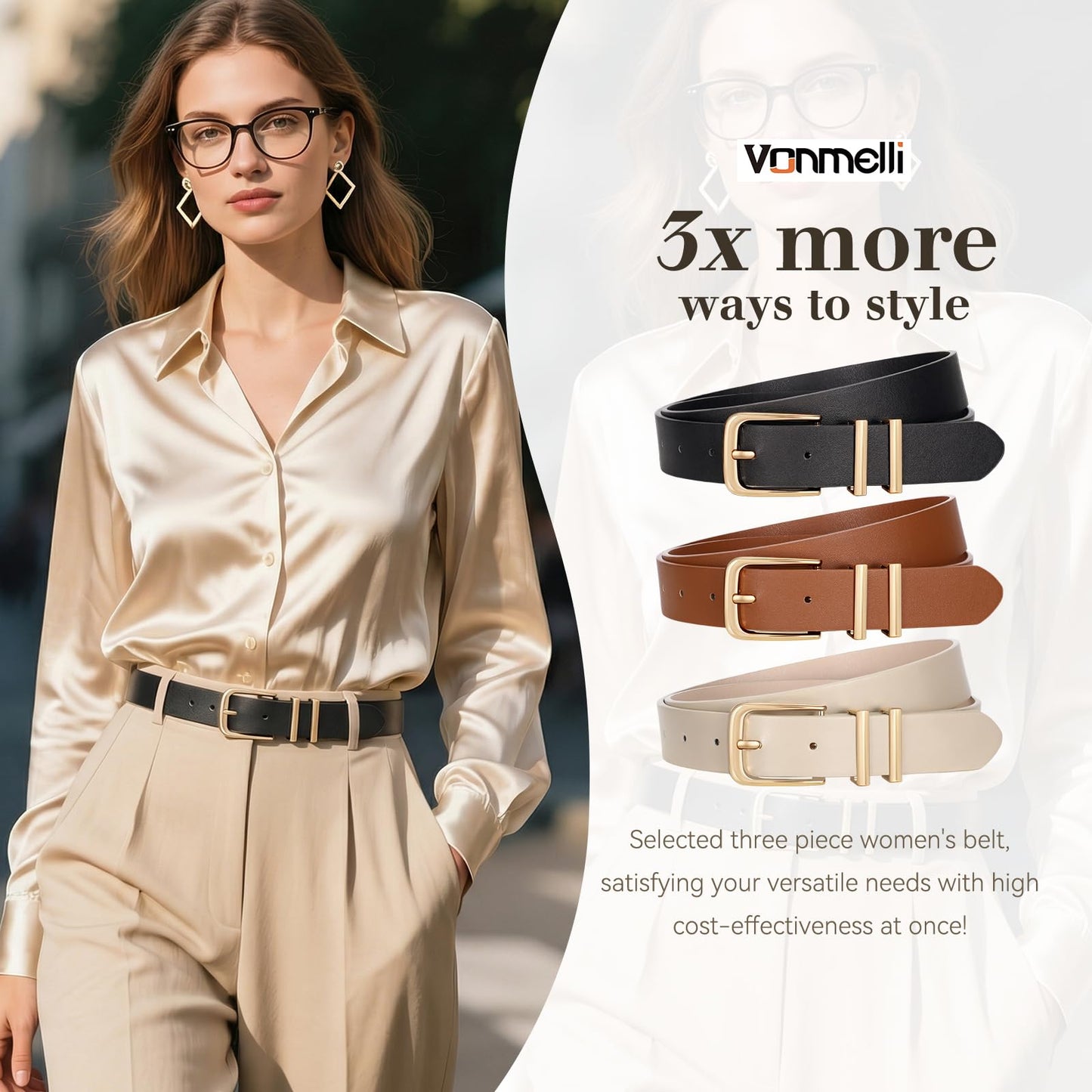VONMELLI 3 Pack Women's Belts for Jeans Pants Fashion Gold Buckle Ladies Dress Belt, Black+Brown+Beige S