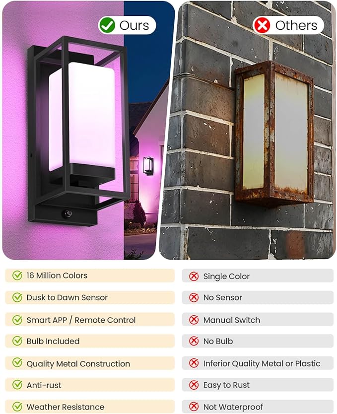 Smart Outdoor Wall Light, RGB Color Changing Sconce with App & Voice Control, Dusk to Dawn Outdoor Lighting, Adjustable 2700K–6500K, Waterproof Exterior Light Fixture for House Porch Garage, 2 Pack