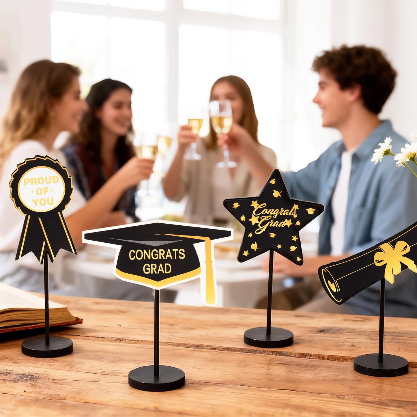 2026 Graduation Decorations, 5Pcs Black Gold White Wooden Table Centerpieces Decor Include Grad Cap Diploma Star Supplies Medal Sign, of Congrats Graduation Day Class Party Decoration.