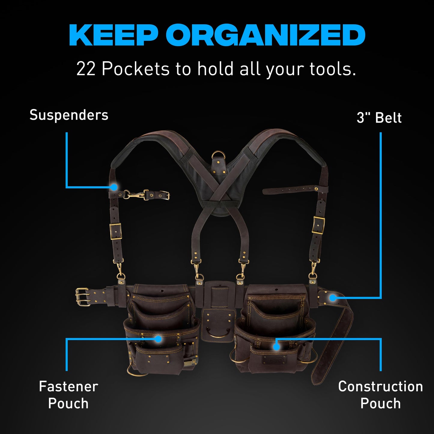 OX Pro Oil Tanned Leather Tool Belt with Padded Suspenders Leather Carpenter Tool Belt with Suspenders and Pouches Dual Hammer Holsters for Men - Morrales Para Carpintero