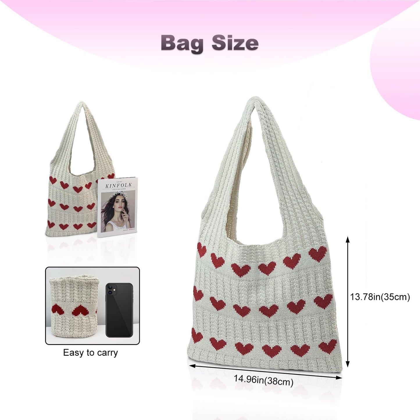 CUNGGI Knitted Heart Tote Bag for Women,Soft Knit Shoulder Hobo Purse with Cute Heart Pattern, Summer Beach Handbag for Travel, Daily Use, Gifts (White)
