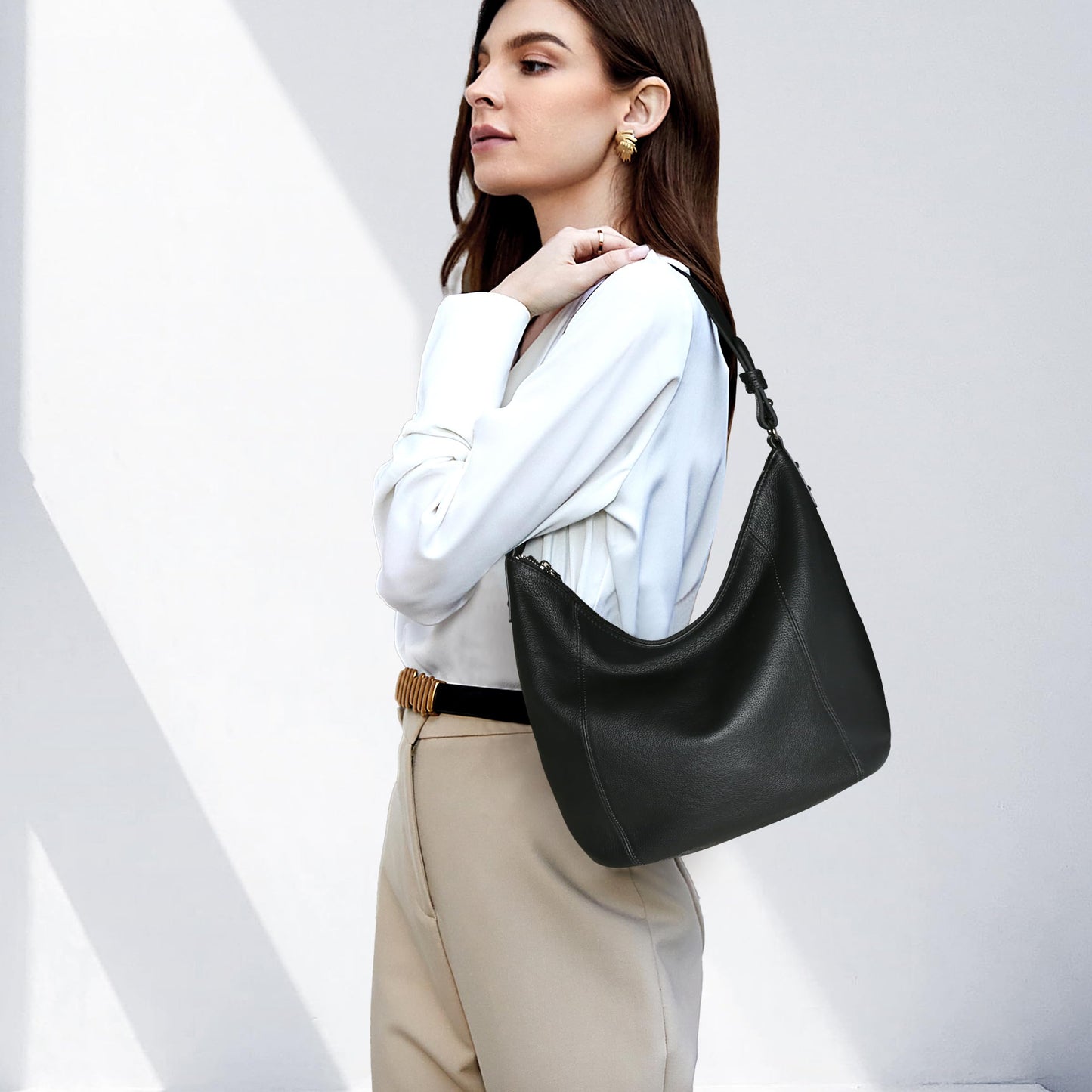 Iswee Genuine Leather Hobo Bags for Women Handbags Real Leather Purses Tote Black Slouchy Shoulder Purse Satchel Large Cross Body Bag (Black)
