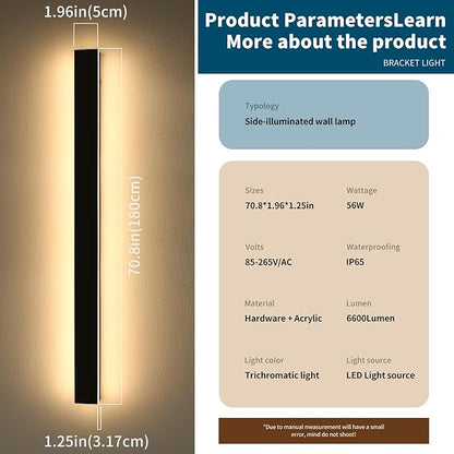 Modern Outdoor Wall Light, 71inch Black Exterior Wall Mount Light Fixtures, 3 Color 3000K/4500K/6000K, IP65 Waterproof, Porch Wall Sconce, Long Linear Outside Lighting for Patio Garage Garden