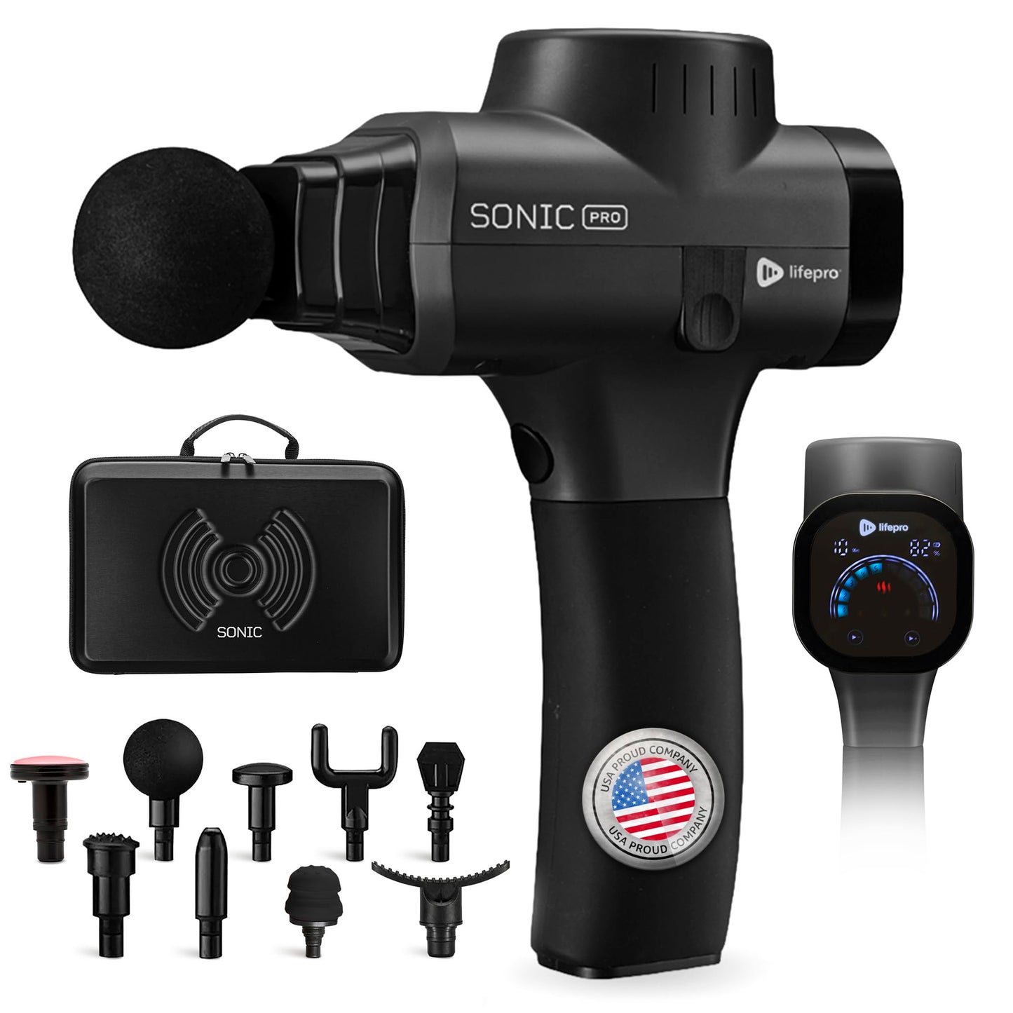 LifePro Sonic Pro Handheld Electric Massage Gun – Deep Tissue Percussion Massager Gun with 10 Speeds & 9 Heads – Muscle Massager for Athletes Back, Legs, Arms