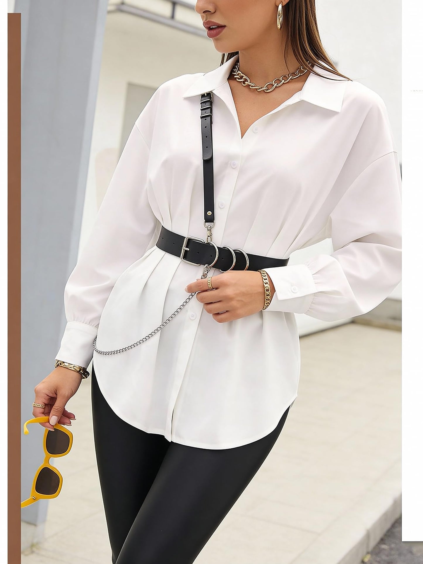 Women's Adjustable Waist Belt with Shoulder Strap & Chain – Faux Leather Fashion Belt with Alloy Ring – Streetwear Layering Accessory for Festival Photoshoot Performance Outfit (Fit Waist 21.5-36.0in)