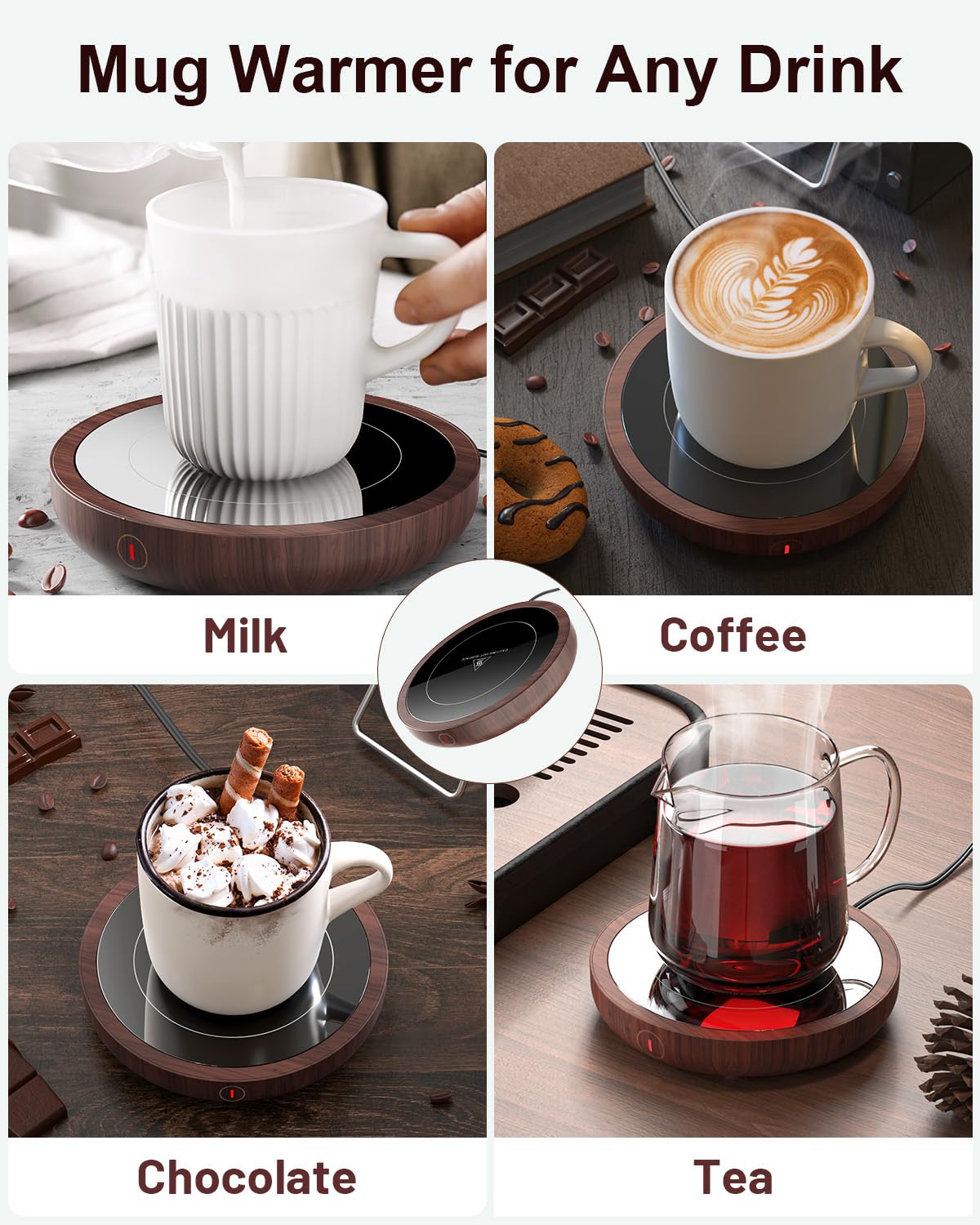 SWEETFULL Coffee Mug Warmer, 36W Electric Cup Warmer for Desk with 3-Temp Settings Advanced Temperature-Controlled Heating Coffee Gifts Accessories for Women Men Milk, Tea, Candle - Wood