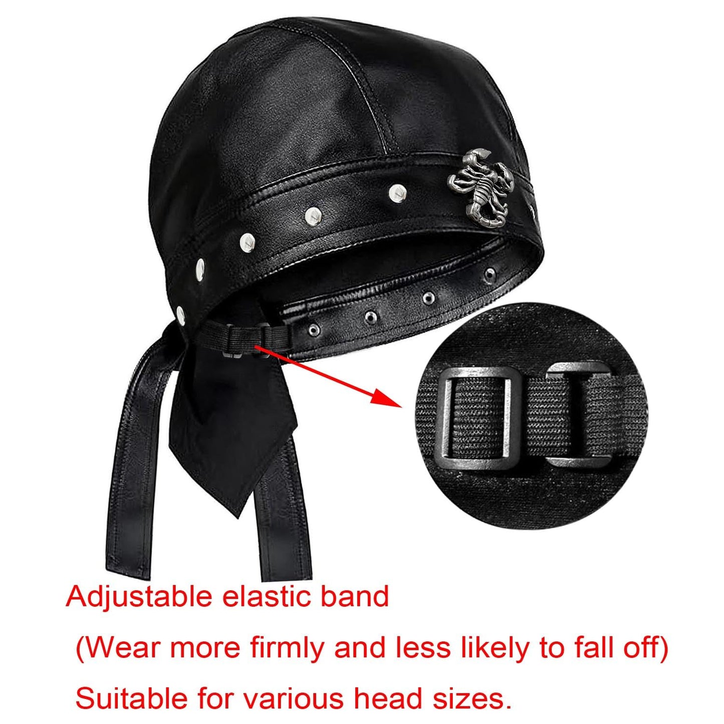 Punk Biker Leather Cap with Necklace for Women Skull Motorcycle Hat with Snug Fit, Stylish Biker Head Wrap & Riding Cap for Badass Look Adjustable Black