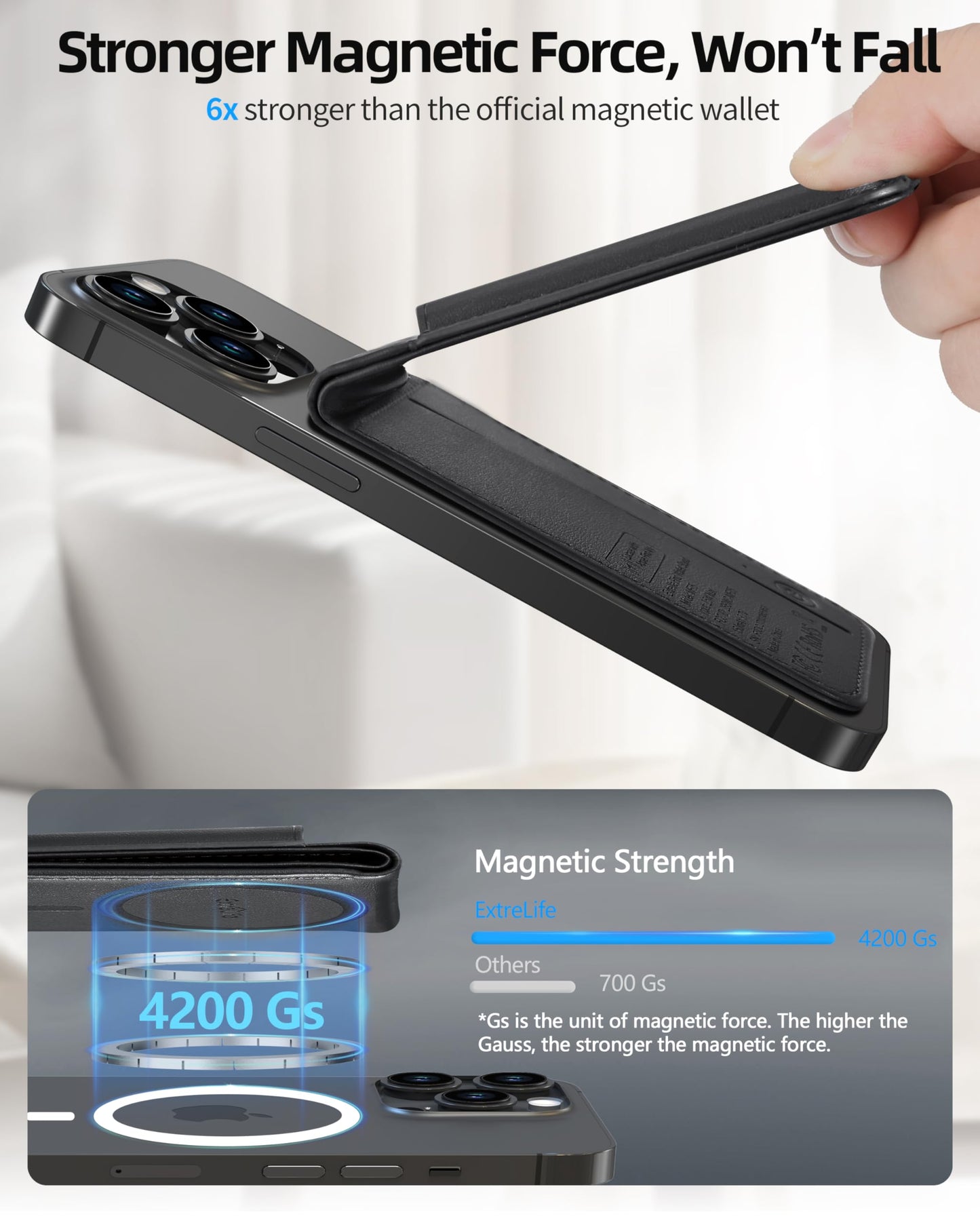 for Magsafe Wallet, Works with Apple Find My, Strongest Magnetic Wallet for iPhone 17/16/15/14/13/12 Series, for iPhone Walle t with Adjustable Stand, 6 Cards Holder, Vegan Leather, Black