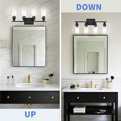 Black Bathroom Light Fixtures Over Mirror,4-Light Bathroom Vanity Light with Clear Glass Shade,Modern Wall Sconces Lighting for Bedrrom,Living Room,Kitchen,Cabinet