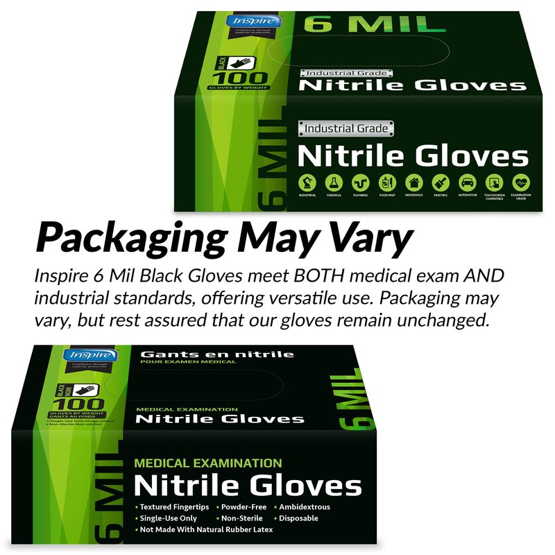 Inspire HEAVY DUTY 6Mil ORIGINAL Quality Stretch Nitrile Gloves Black Disposable Latex Free | Food, Industrial, Mechanic Tattoo (6Mil Black, Medium)
