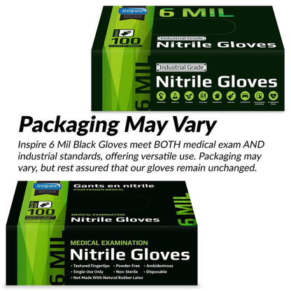 Inspire HEAVY DUTY 6Mil ORIGINAL Quality Stretch Nitrile Gloves Black Disposable Latex Free | Food, Industrial, Mechanic Tattoo (6Mil Black, Medium)