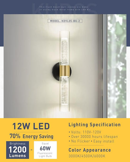 kudos Black and Gold Bathroom Light Fixtures,Modern Led Wall Sconce Light with Crystal Bubble and Clear Glass, 3000K/4500K/6000K Adjustable, KDVL05-BG-2