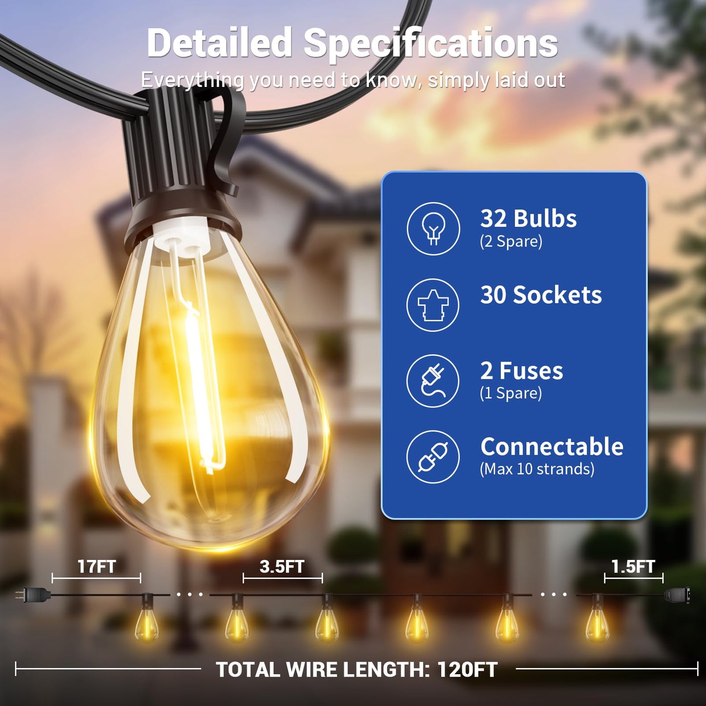 Amzrap 120FT Outdoor String Lights, 30+2 LED Shatterproof Bulbs with Remote & Timer,2700K Dimmable Waterproof Hanging Decor for Backyard, Garden, Porch, Balcony, Wedding Party Lighting