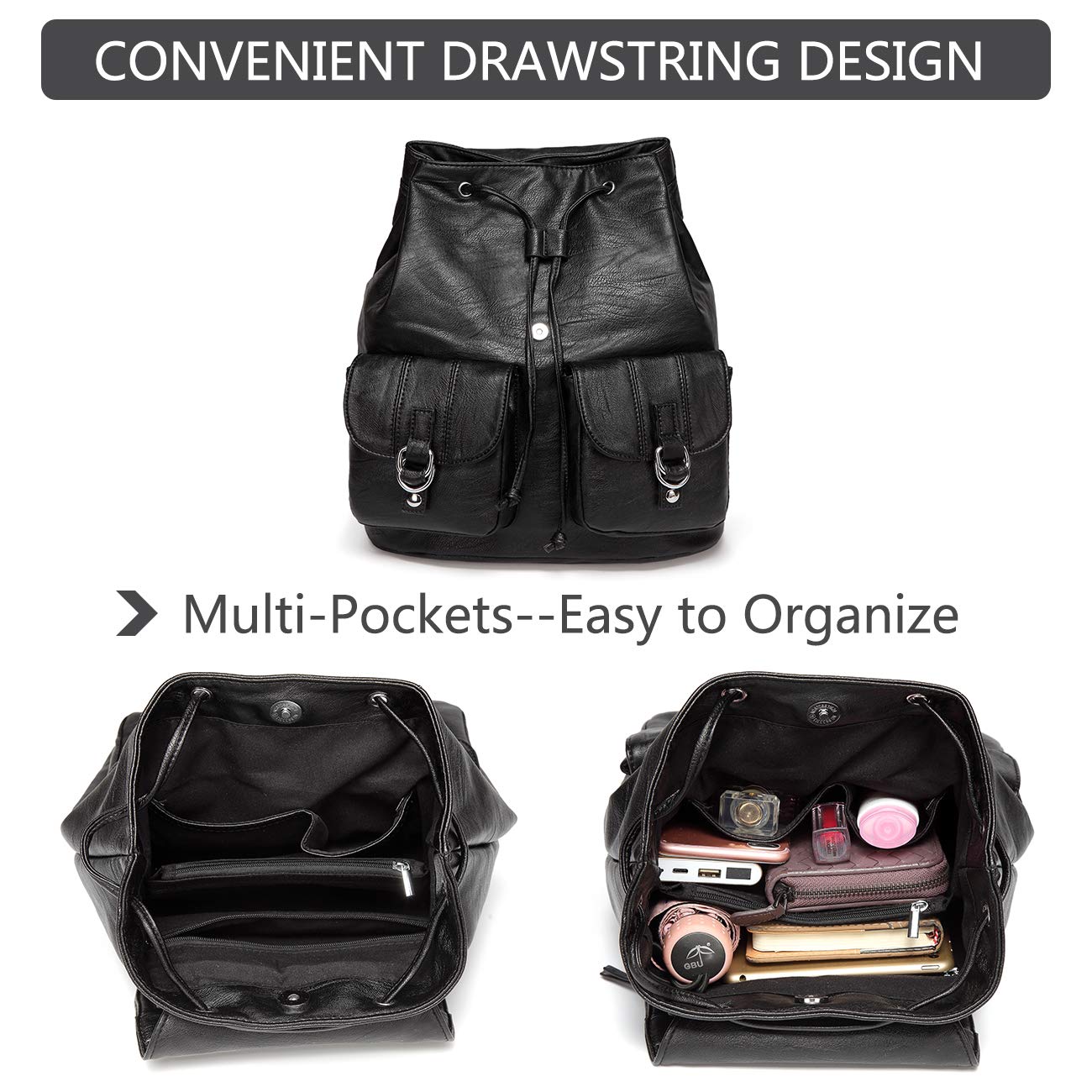 VASCHY Mini Backpack Purse for Women, Fashion Faux Leather Buckle Flap Drawstring Backpack for College with Two Front Pockets Black