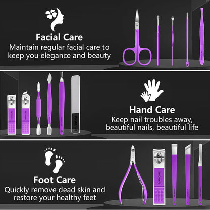 Manicure Set 16Pcs Professional Stainless Steel Pedicure Kit Mens Grooming Kit Fingernail & Toenail Clippers Set Manicure Kit with Luxurious Travel Bag, Sharp Nail Scissors and Clipper (Purple)