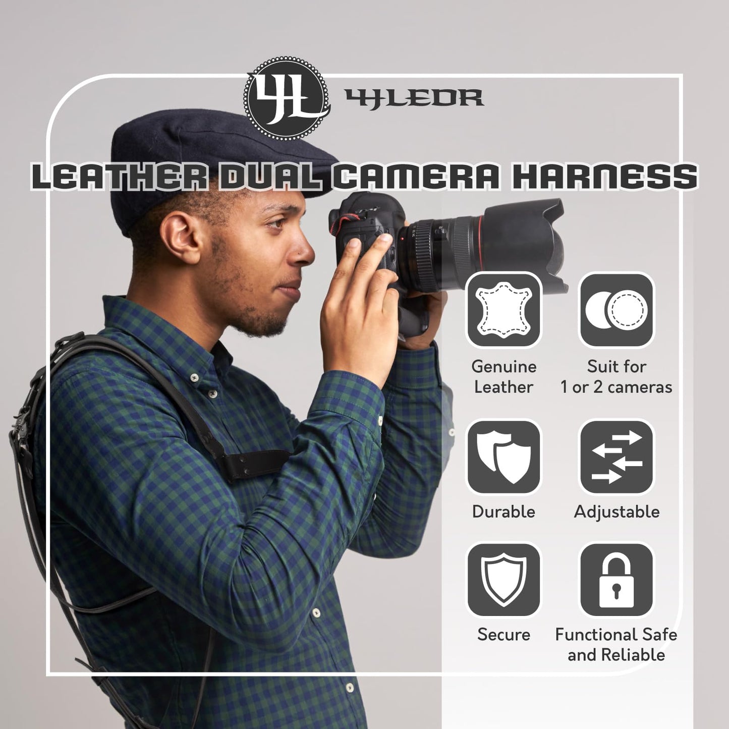 4J LEDR Leather Camera Strap,Shoulder Camera Strap for 1 or 2 Camera,Dual Camera Harness for Photographers,Multi Camera Gear for Dslr/Slr Strap,Camera Harness Camera Sling Strap Single or Dual,Black