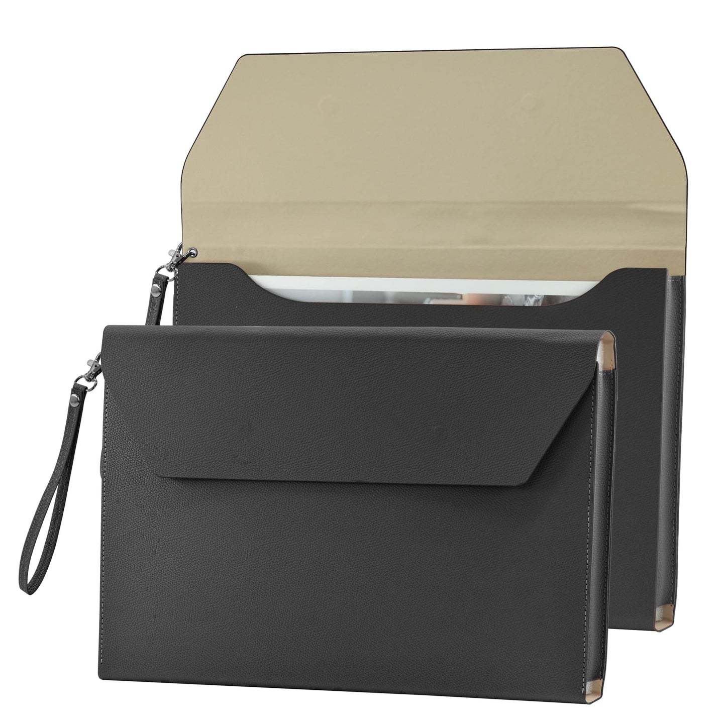 VANRA Expanding File Folder Organizer PU Leather Document Holder File Pocket Envelope Portfolio Bag with Hand Strap and Magnetic Closure for A4 Letter Size Paper (Black)