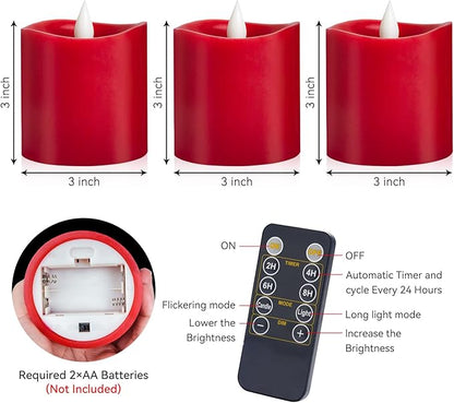 3" x 3" Red Flameless Candles - LED Pillar with Remote, Timer, Flickering, 600+ Hour Battery Life, Ideal for Christmas, Halloween, and Indoor Decor 3"*3"-3pcs