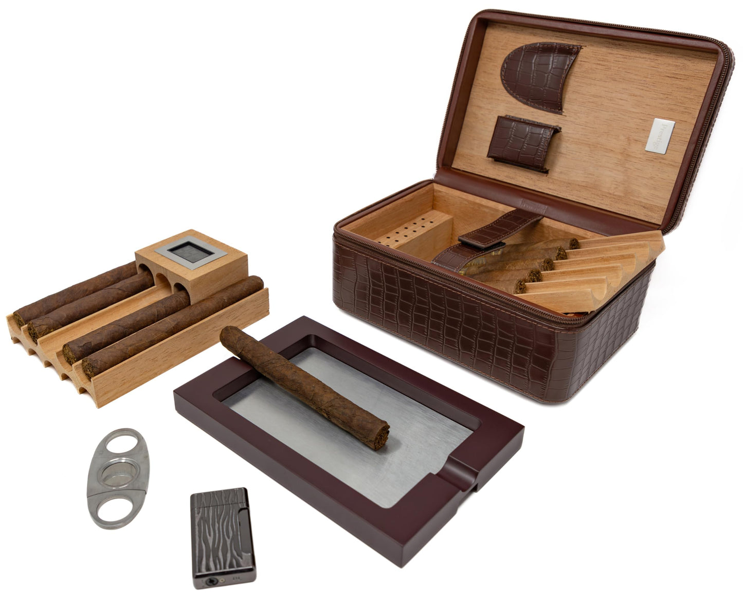 Prestige Import Group Manhattan XL Travel Cigar Humidor Case Set (Hygrometer, Ashtray, Cutter, Lighter, Humidifier) - Brown