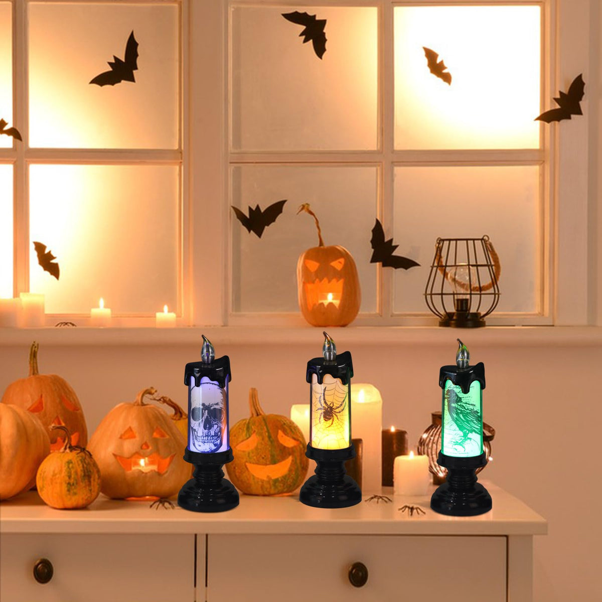 Eldnacele Halloween Flameless Candle Lamp Battery Operated with Remote and Timer, Spooky Horror Skull Crow Spider Decals LED Candle Lights Indoor Home Decor Candles Set of 3, 2.8" D x 7.8" H