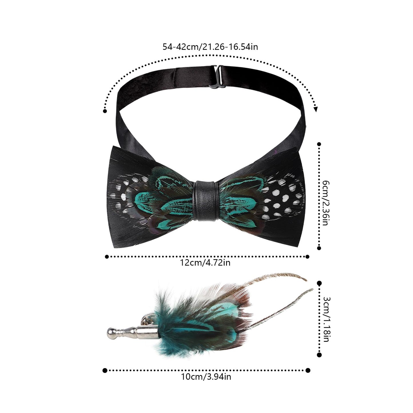 OhMill Men’s Handmade Feather Bow Tie Adjustable Leather Pre Tied Bowtie and Brooch Sets for Weddings Groom Prom Parties