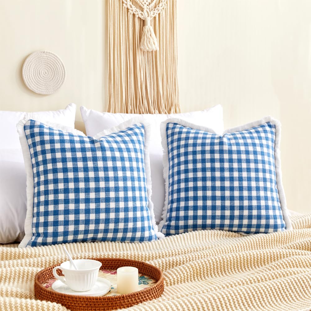 18x18 Blue and White Gingham Striped Throw Pillow Covers with Ruffle Trim