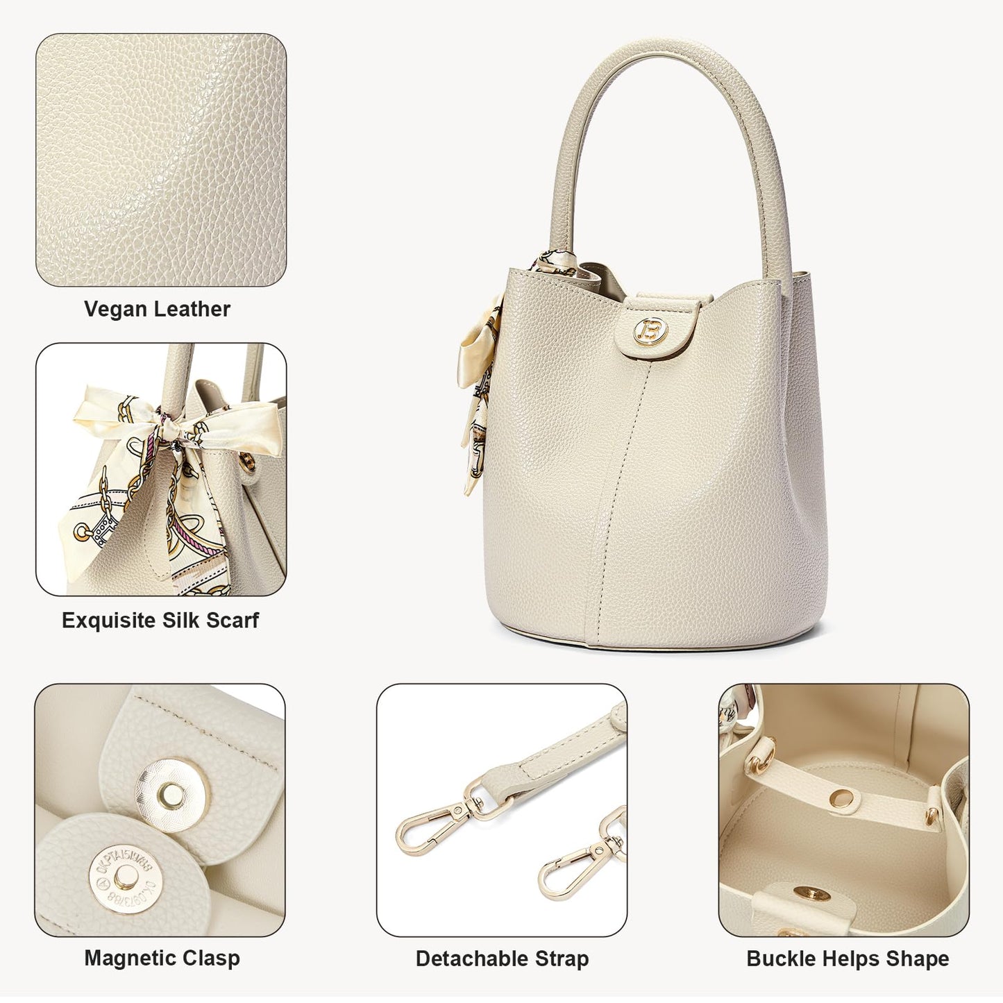 BOSTANTEN Small Crossbody Bags for Women Vegan Leather Mini Bucket Handbag Removable Shoulder Strap Beige