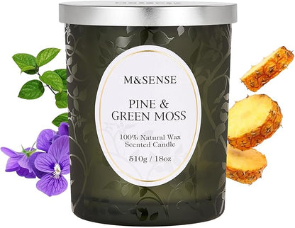 M&SENSE Pine & Moss Scented Candles, Natural Soy Wax 18oz 100 Hours Long Lasting Slow Burn, Cracking Wooden Wick Aromatherapy Candle for Women, Winter Holiday Christmas Gifts