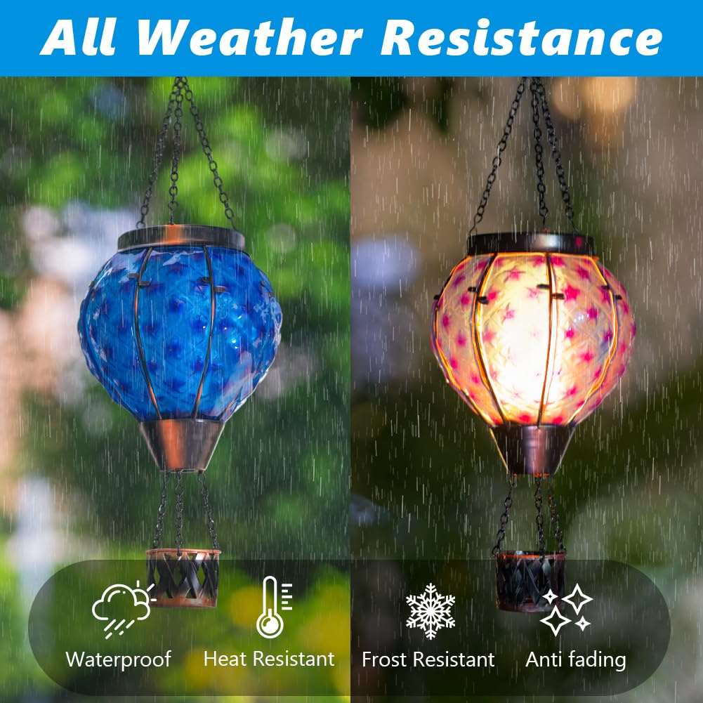 Solar Hot Air Balloon Lantern with Flame,Glass Solar Hanging Lights Outdoor Waterproof,Hot Air Balloon Solar Blue Star Lamp Decorative for Lawn Porch Tree Yard