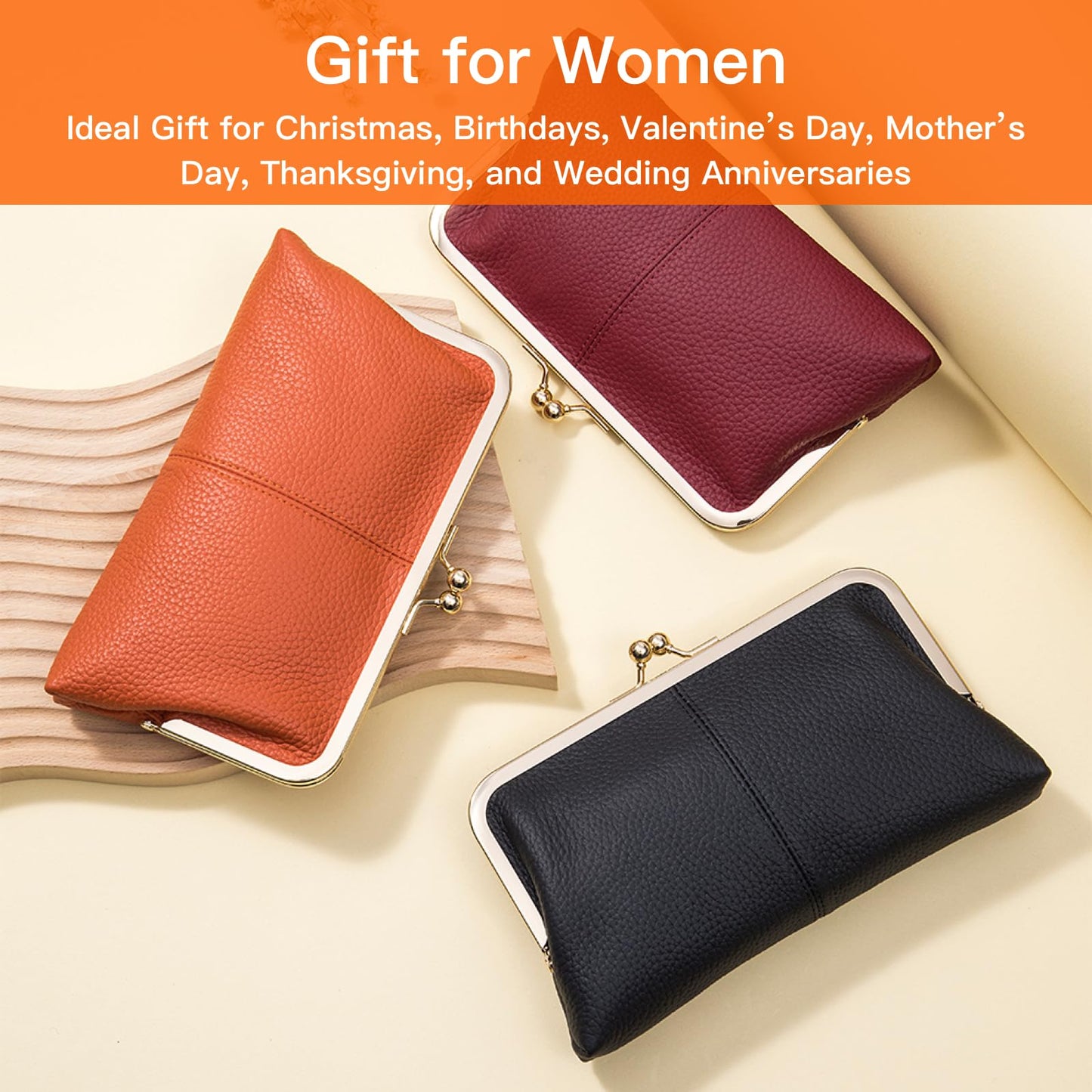 Leather Wallet for Women with Kiss Lock Closure, Multiple Card Slots, Smartphone Holder, 8.07 x 4.72 Inches (Black)