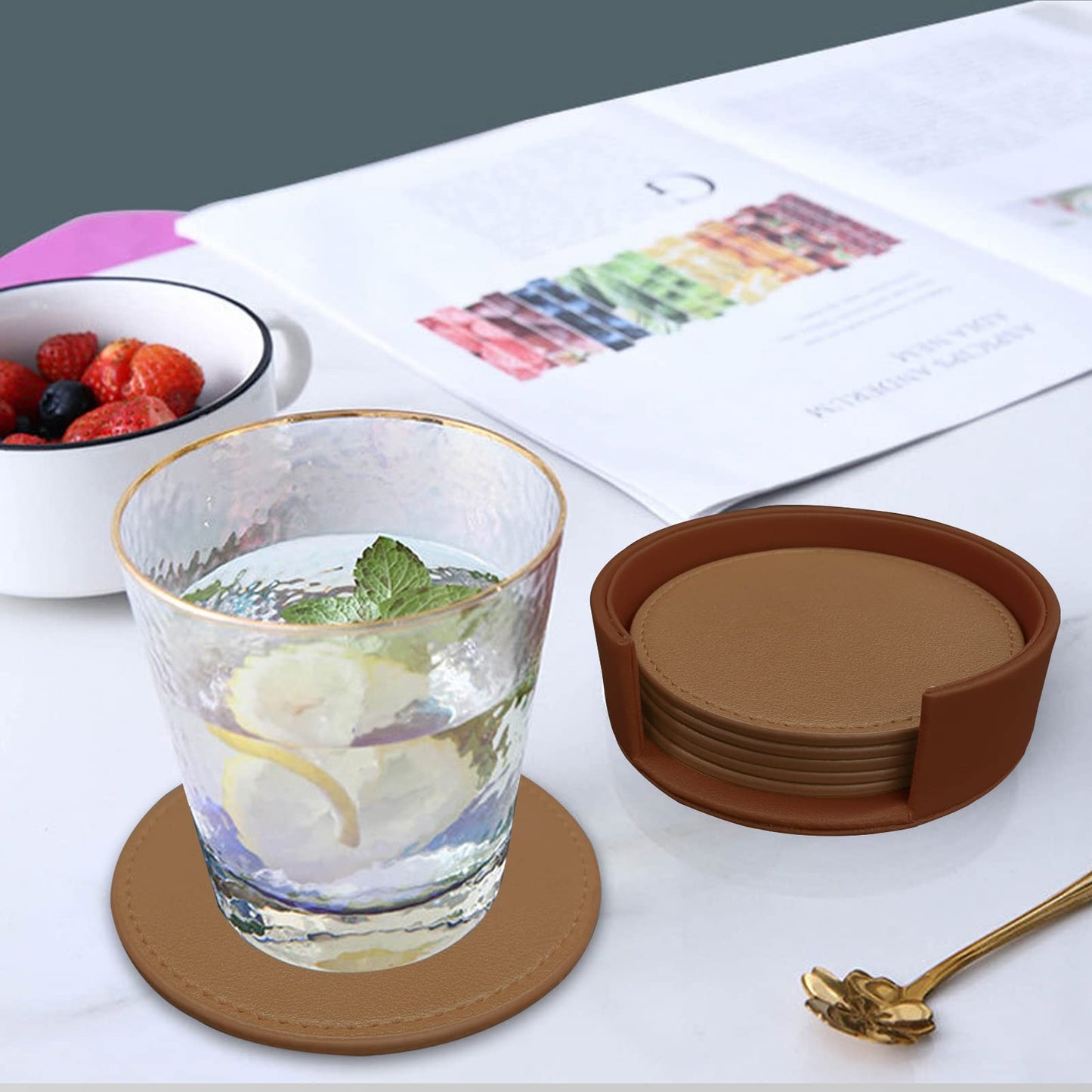 KEMMPER Coasters Set of 6 Soft Leather Drink Coaster Round Coaster with Sewing Around, Suitable for Various Cups, Wooden Tables,Home Decoration,4 Inches(Brown)