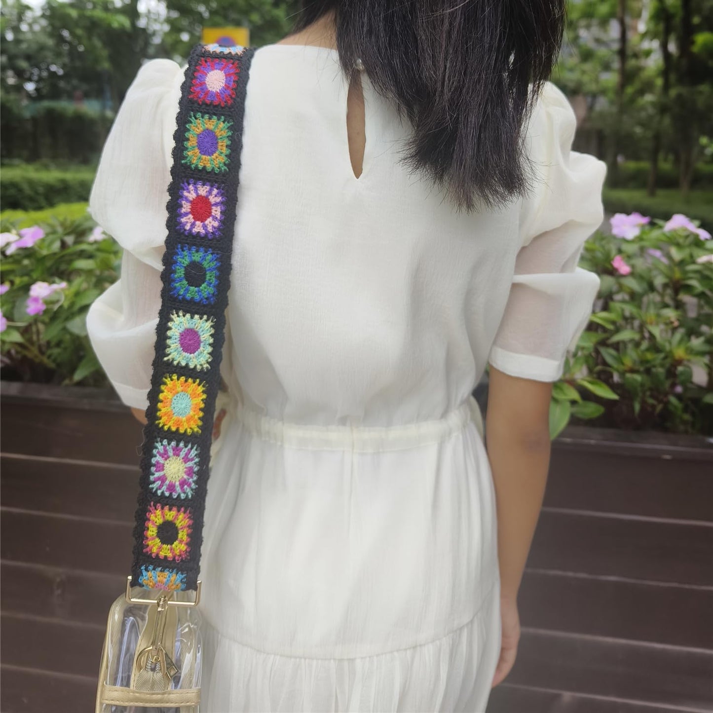 Greaciary Wide Purse straps Crochet Flower replacement crossbody for Handbags Adjustable Embroidery Knit Guitar Shoulder strap for Bag (Black floral)