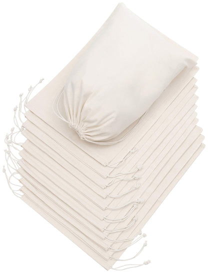 DR 100 Percent Cotton 10x15 Muslin Drawstring Bags for Clothes Storage Pantry (10 x 15 inch - 12 pack, Beige)
