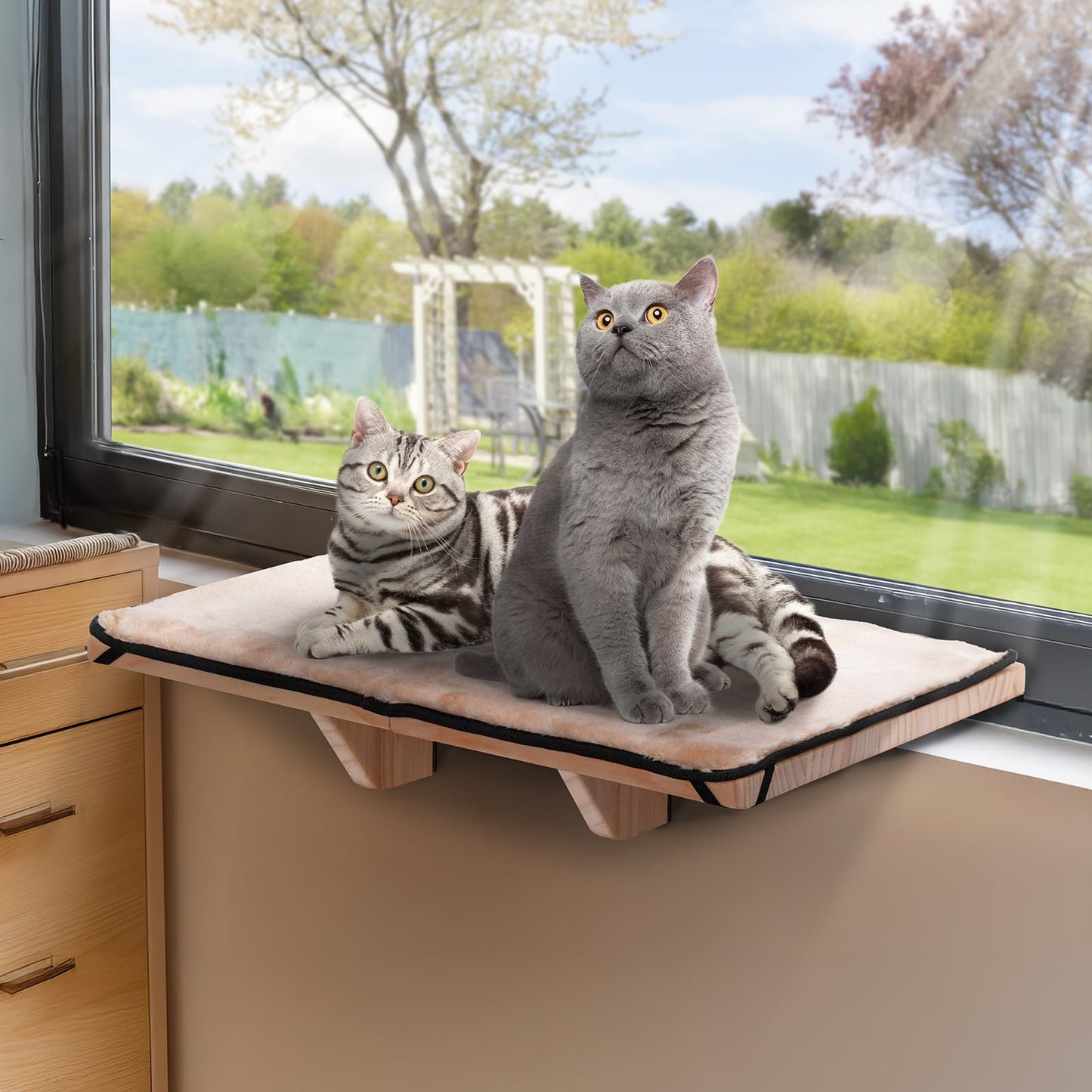 PETSFIT 2 Cats Design Window Perch, Cat Hammock Window Seat with Natural Wood &Removable Fleece Mat for Large Cats, Easy to Adjust&Assemble Cat Bed for Windowsill, Bedside and Drawer
