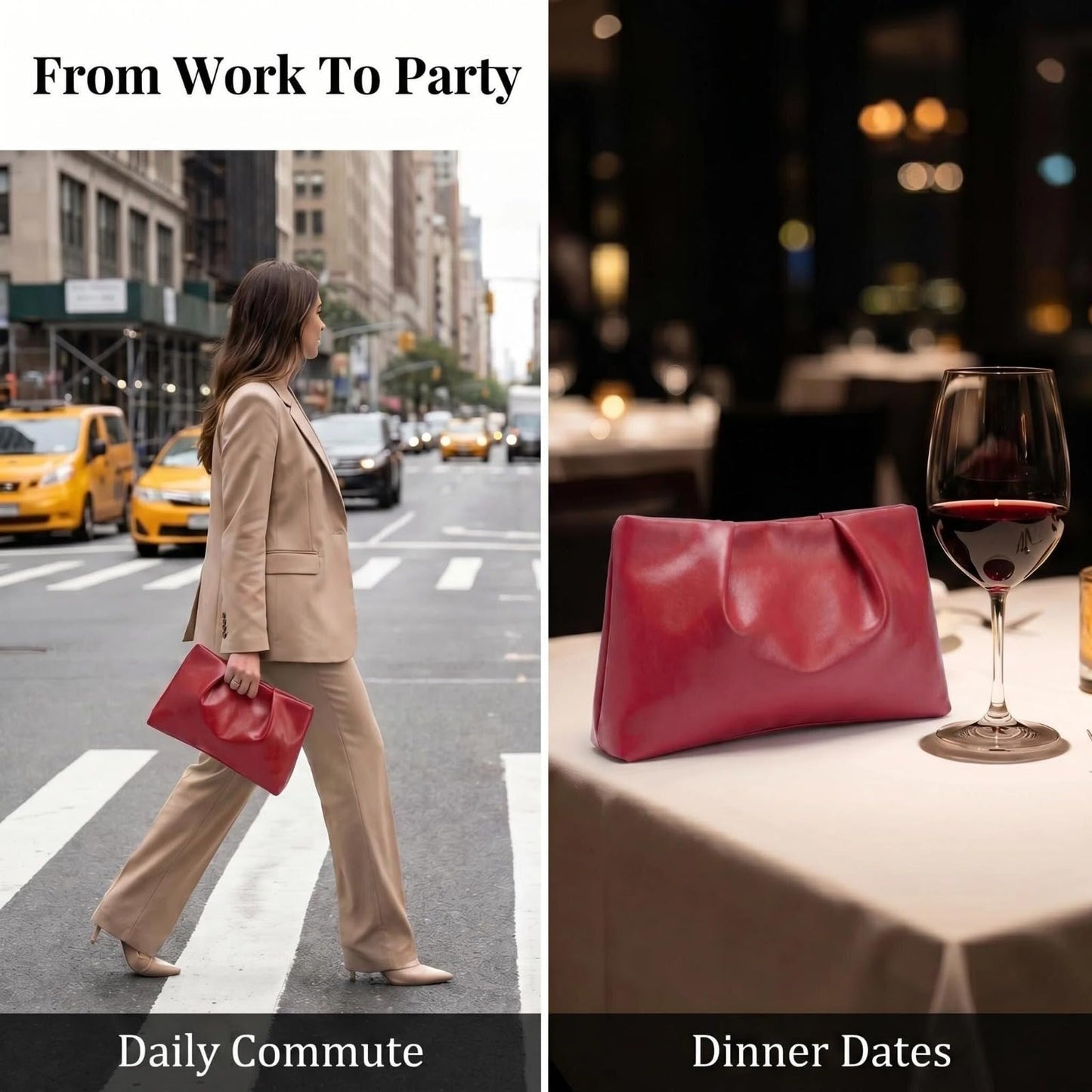 ARTLUXE Slouchy PU Leather Clutch Purse for Women Ruched Wine Red Evening Handbag with Zipper Closure for Wedding Cocktail Party and Business