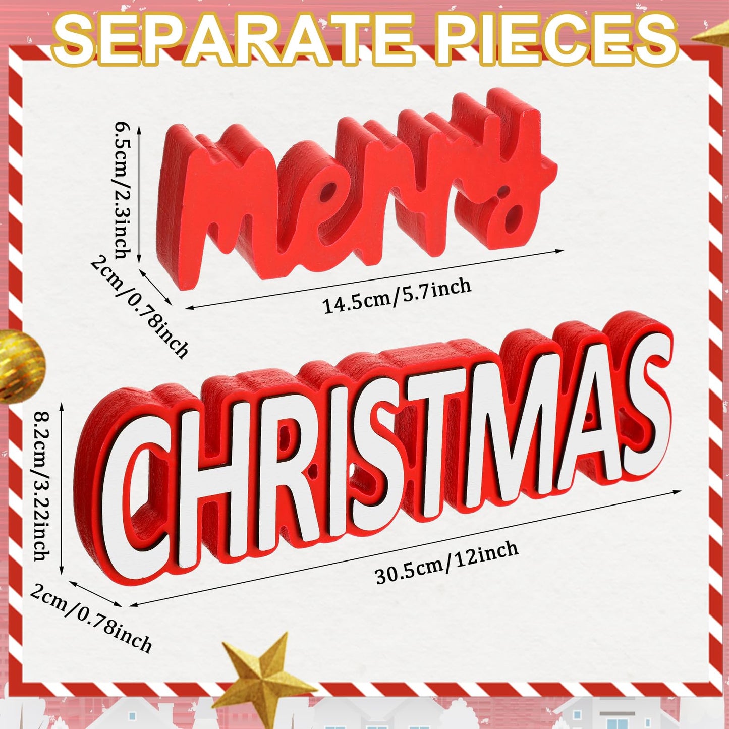 Burbell 2 Pcs Merry Christmas Wooden Signs Red Christmas Table Decoration Xmas Tiered Tray Decor Freestanding Sign for DIY Xmas Home Tabletop Centerpiece Mantel Fireplace