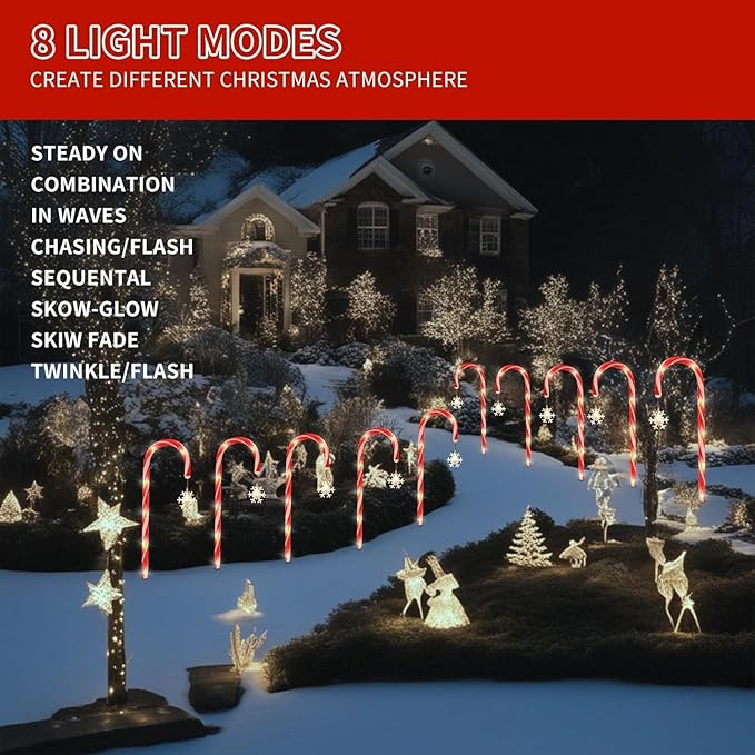 Solar Christmas Lights Outdoor Decorations, 10 Pack Solar Christmas Candy Cane Lights with Snowflake, Outdoor Waterproof Christmas Pathway Lights for Patio, Garden, Yard, Street, Park, Holiday