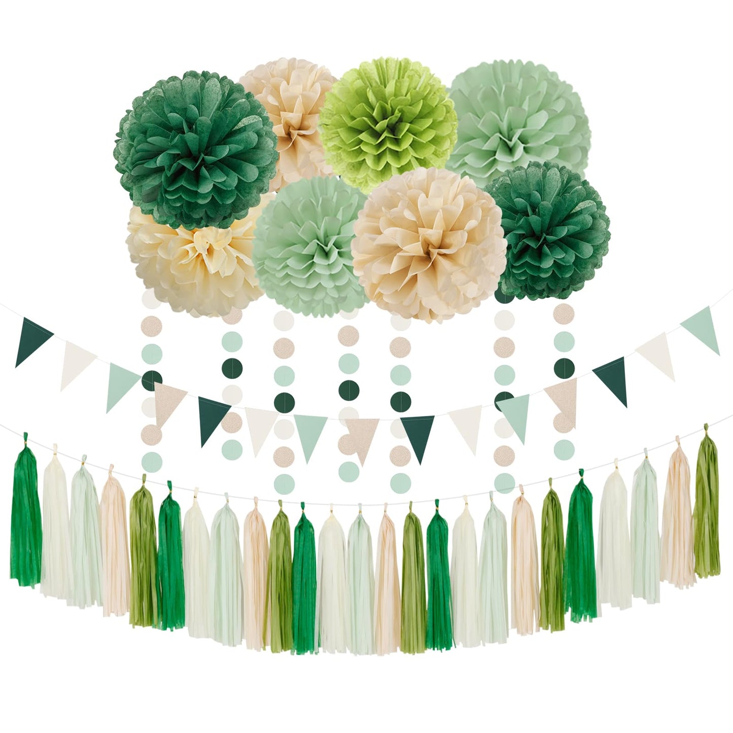 Sage-Olive Green Champagne-Gold Party Decorations - 30pcs Rustic Boho Wedding Paper Tissue Pom Poms Streamers,Tassel Garland Banner,Birthday Baby Bridal Shower Engagement Decor Lasting Surprise