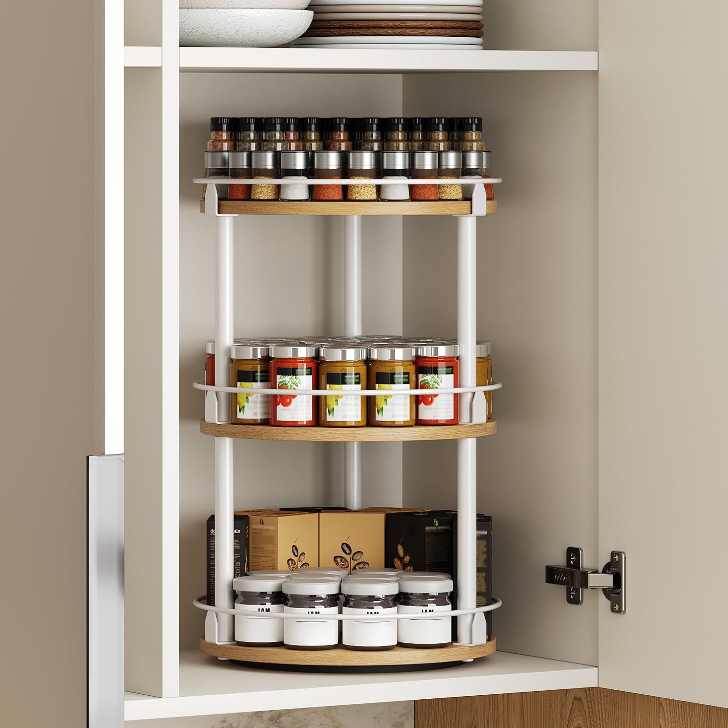 3-Tier Lazy Susan Organizer, Rotating Spice Rack, Spinning Organizer, Industrial Turntable Spice Rack Organizer for Cabinet, Kitchen Countertop, Pantry, Rustic Brown and Black SR23BR