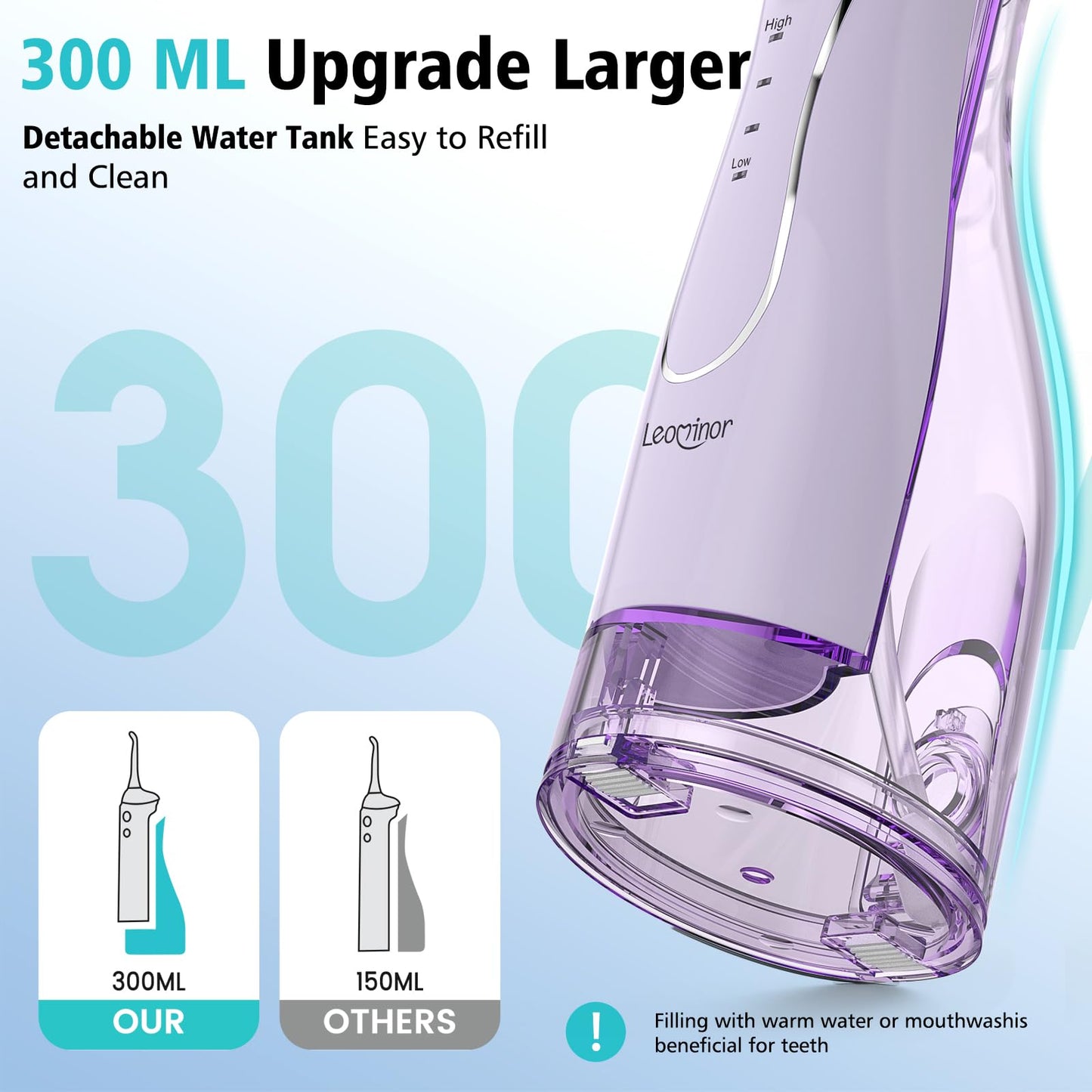 Leominor Water Flosser Pick for Teeth, 300ML Portable Oral Irrigator Upgraded Tank Removable,IPX7 Waterproof, Rechargeable Travel Teeth Cleaner, Professional Electric Flossing Machine (Pink)