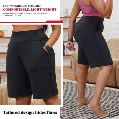 YOHOYOHA Plus Size Women's Bermuda Yoga Shorts - Workout Running Athletic Bike Gym Shorts Long High Waist XL