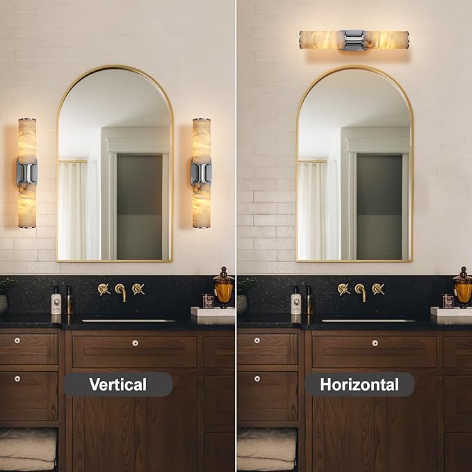 22.2" Alabaster Wall Sconce Set of 2, Brass Bathroom Wall Sconce, Spanish Natural Marble Sconces Modern Wall Lights Lamps for Bedroom Living Room Stairs Indoor Hallway Vanity, Nickel
