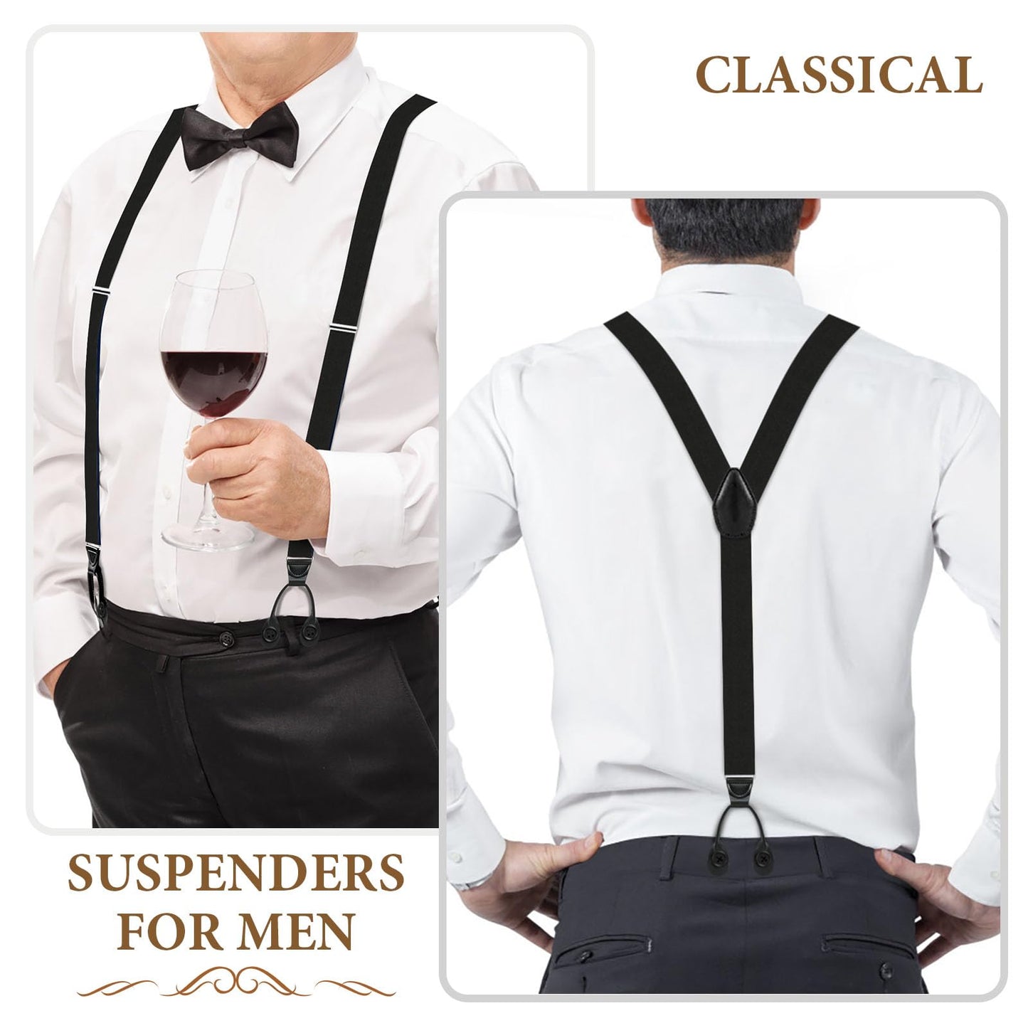 Button Suspenders for Men Y-Back 1.4 Inches Wide Leather Button End Elastic Adjustable Suspenders for Men Tuxedo Black Braces