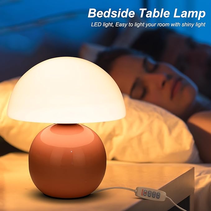 Small Mushroom Lamp,USB-Plug in Bedside Table Lamps with 3-Temperature LED Bulb Dimmable,Unique Cute Aesthetic Home Decor for Living Room,Bedroom, Modern Ceramic Base Glass Lamp(Pink)