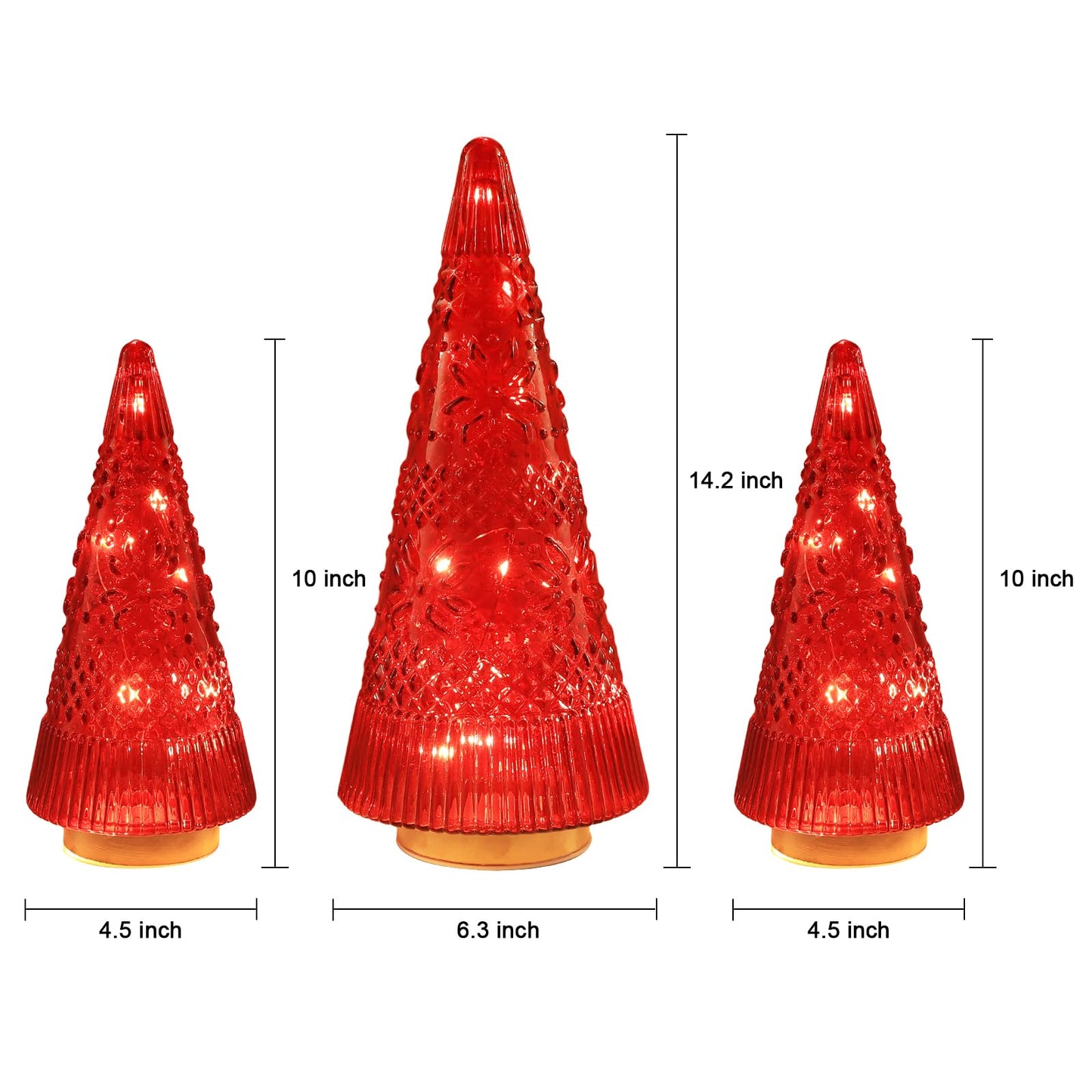 PHITRIC Christmas Decorations Indoor, 3 PCS Sparkling Glass Red Christmas Tree Table Centerpieces Decor with LED Lights and Timer, Xmas Tree Decorations for Home, Mantel, Shelf, Office, Tabletop