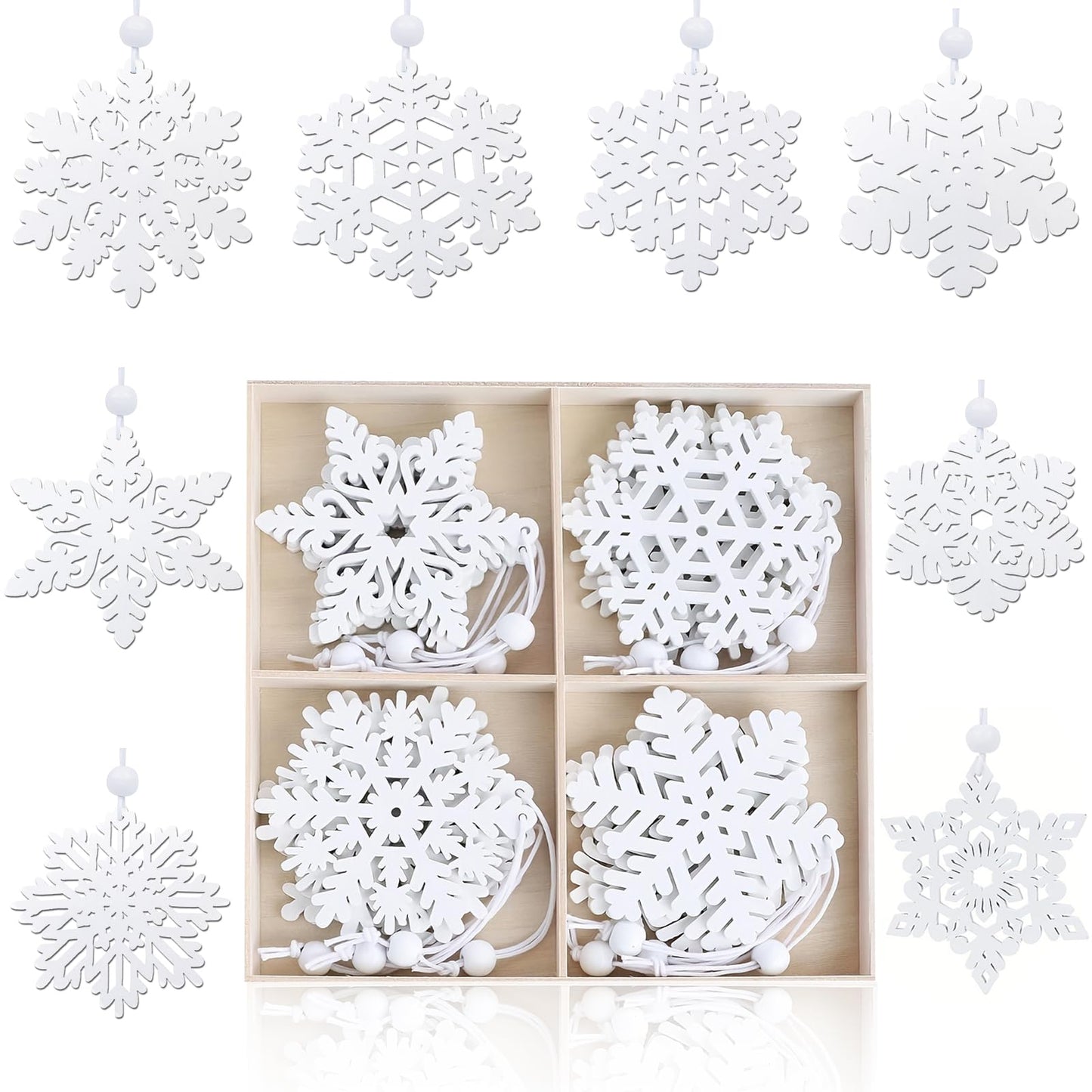 White Wooden Snowflakes Ornaments, Christmas Wood Snowflake for Crafts Hanging Decorations, Christmastree Decoration, Table Scape or Centerpiece Craft Project for Wreath, Winter Scene (16)