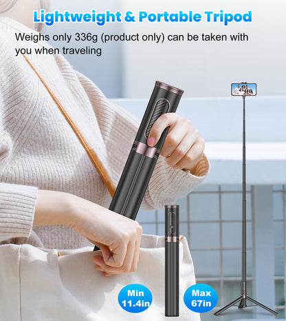 TONEOF 68" Magnetic Selfie Stick Tripod with Aluminum Strong Magnetic Holder for Magsafe, 360° Rotatable Travel Phone Tripod Stand with Metal Ring & Rechargeable Remote for iPhone/Android(Beige Gray)