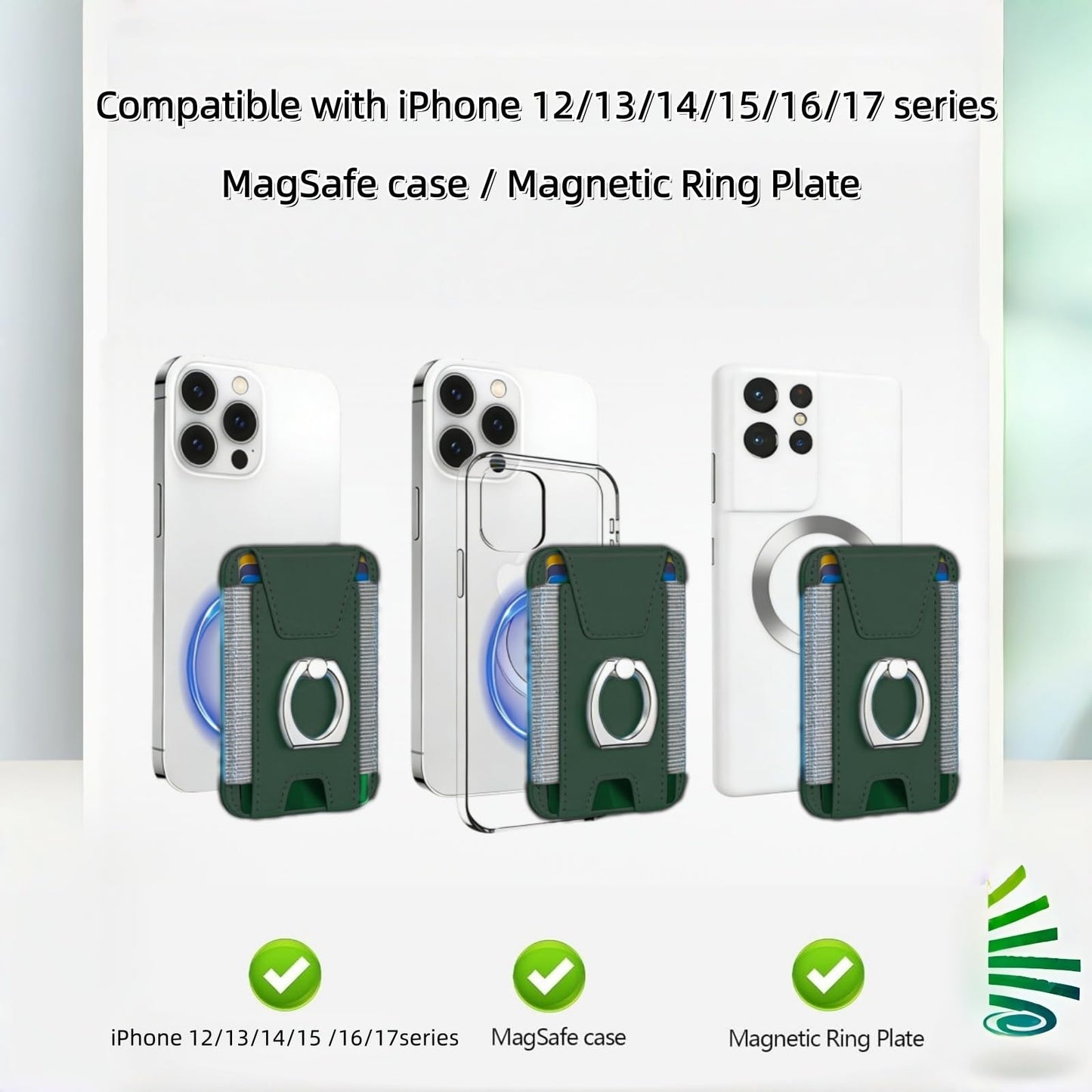 UPEWEFI for Magsafe Wallet, Slim Magnetic Card Wallet with Grip, 7 Cards Holder RFID Blocking, Ring Stand Stick on Wallet with Privacy Flap (Green)